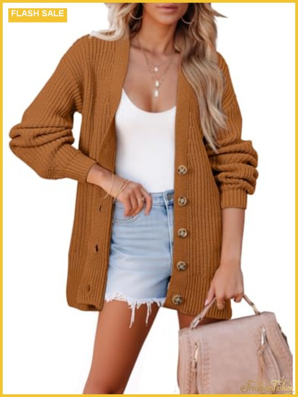 Oversized Open Front Button Long Cardigan Chunky Knit Lantern Sleeve